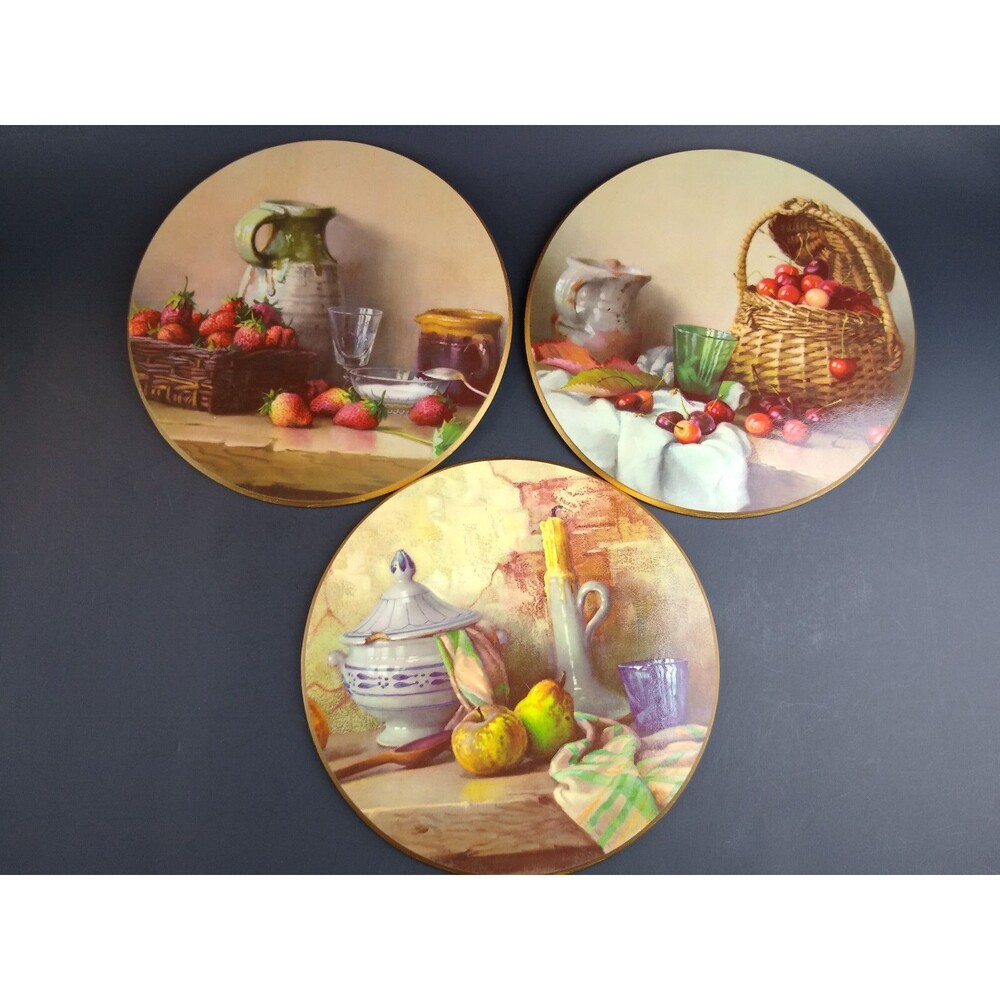 Plaque Trivets Pottery w Fruit Strawberries Cherries MCM 3 Pc Vintage Still Life